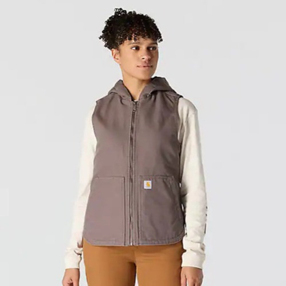 Carhartt‎ Hooded Vest Women's XL Taupe Gray Purple Canvas Quilted Thinsulate
